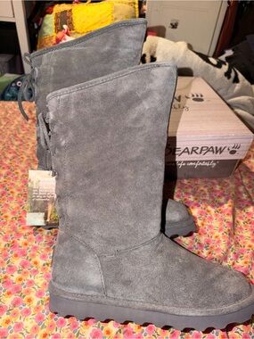 BearPaw Gray Suede Lace-Up Mid-Calf Winter Boots